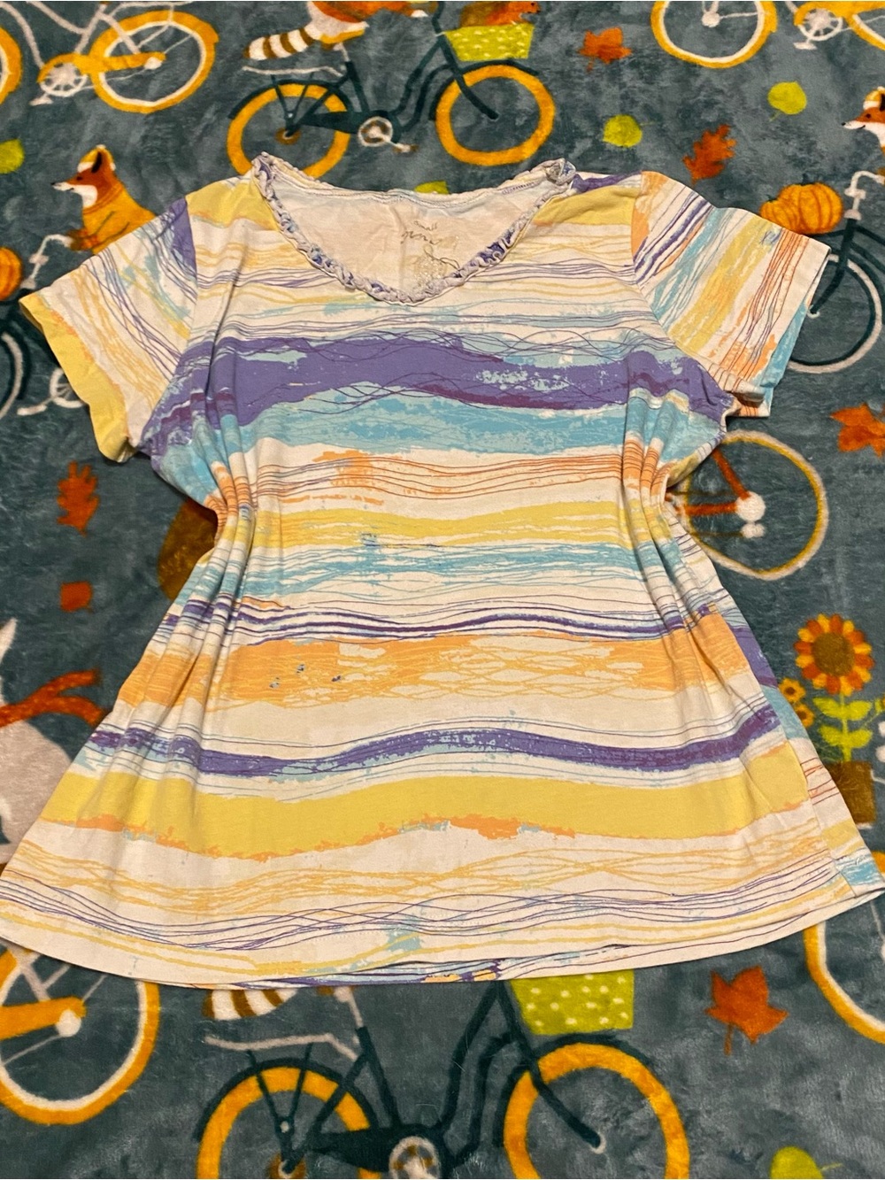 Beachy Boho Vtg Ruffle Neck Baby Tee Orange/Blue/White Sun Bum Women’s Small